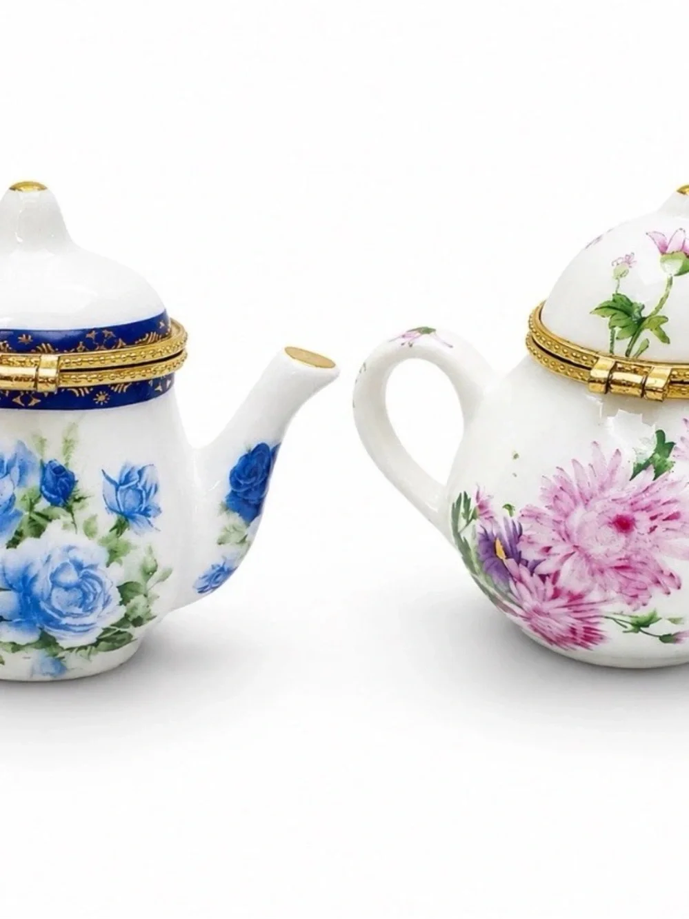Porcelain Floral Mini Teapot Trinket Box - Blue and Pink